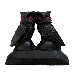 Hand Crafted From Coal Pair Of Owls Mates Statue Black With Red Rhinestone Eyes